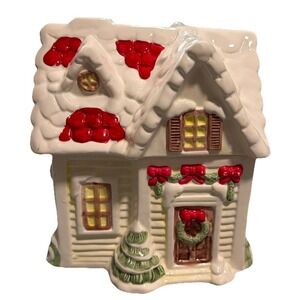 Musical Ceramic Snowy Christmas House Cookie Jar W Box Bradlees Holiday VTG